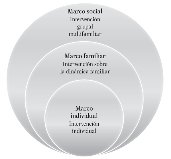 Figura 1. Integración de la intervención terapéutica en los contextos terapéuticos superpuestos en el GMF